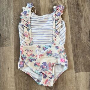 Floral and Striped Ruffle Swimsuit